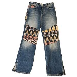 We Free People Rocky Mountain Straight Leg Jeans Alpine Blue Patchwork NEW Sz 27